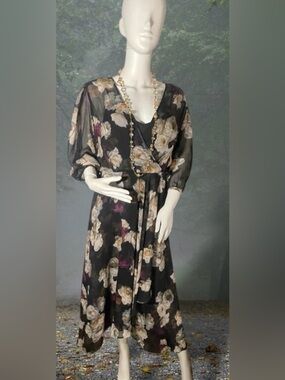 Calvin Klein Women's Floral Print High Low Dress Size 12 Sheer Black Purple
